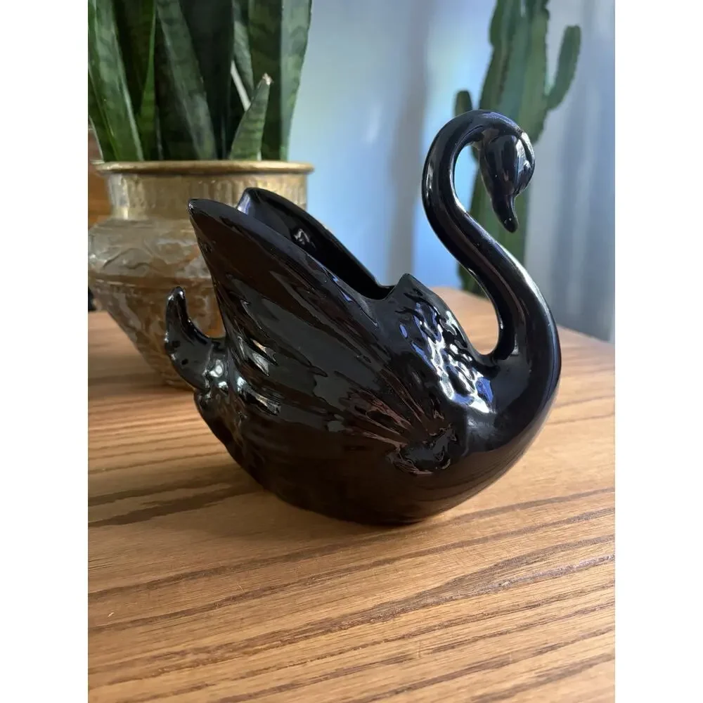 Vintage Midcentury Black Ceramic Swan Planter Black Swan Vase